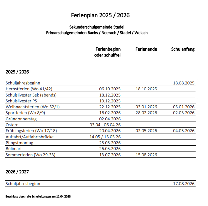 Ferienplan 2025/26