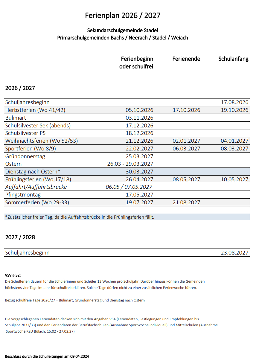 Ferienplan 2026/27